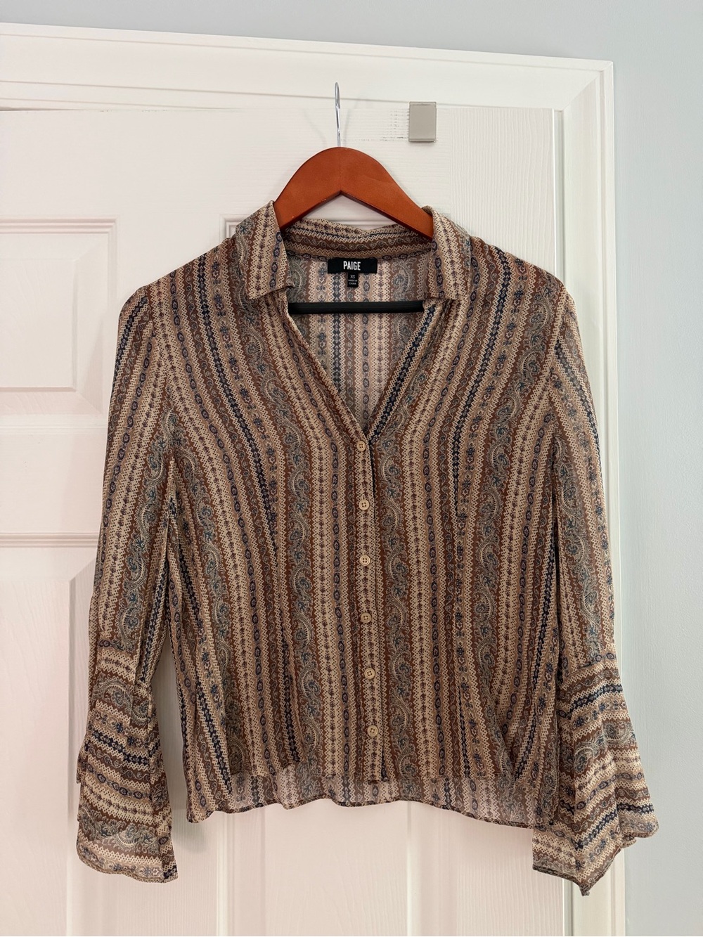 PAIGE Beige and Brown Paisley Button-Down Shirt XS